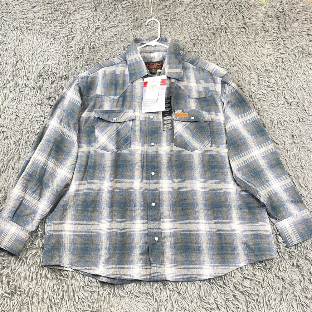 Men’s Extra Heavy Pearl Snap Plaid Flannel Outdoor Shacket Blue Gray Wht 2XL NWT